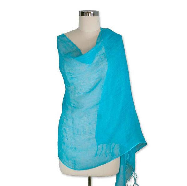 Sheer Turquoise Linen Solid Shawl ...